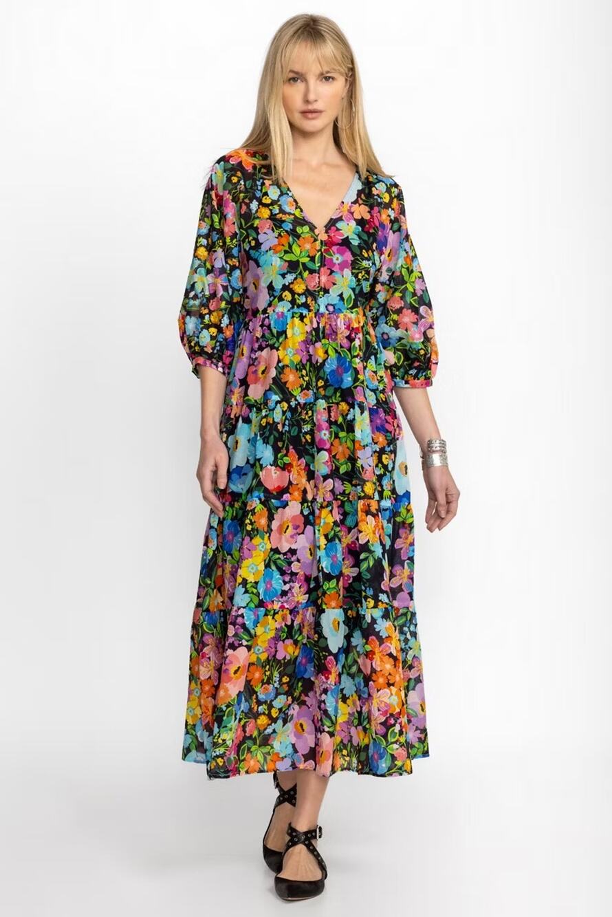 Johnny Was Women’s Large Wild Blooms Dolman Tiered Midi Dress Floral Boho Gypsy